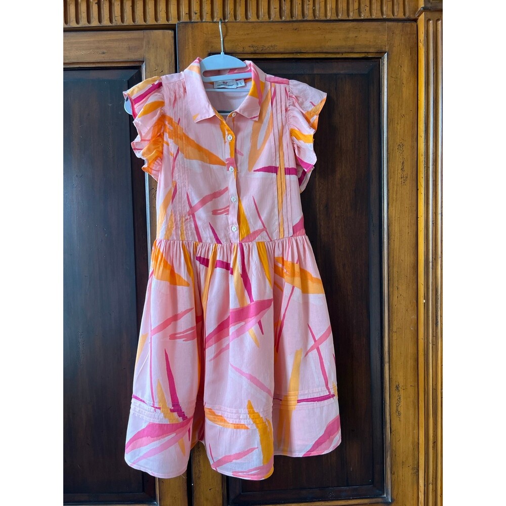 Vineyard Vines Shirt Dress Girls L Pink Orange Abstract Collared Button - Picture 2 of 5
